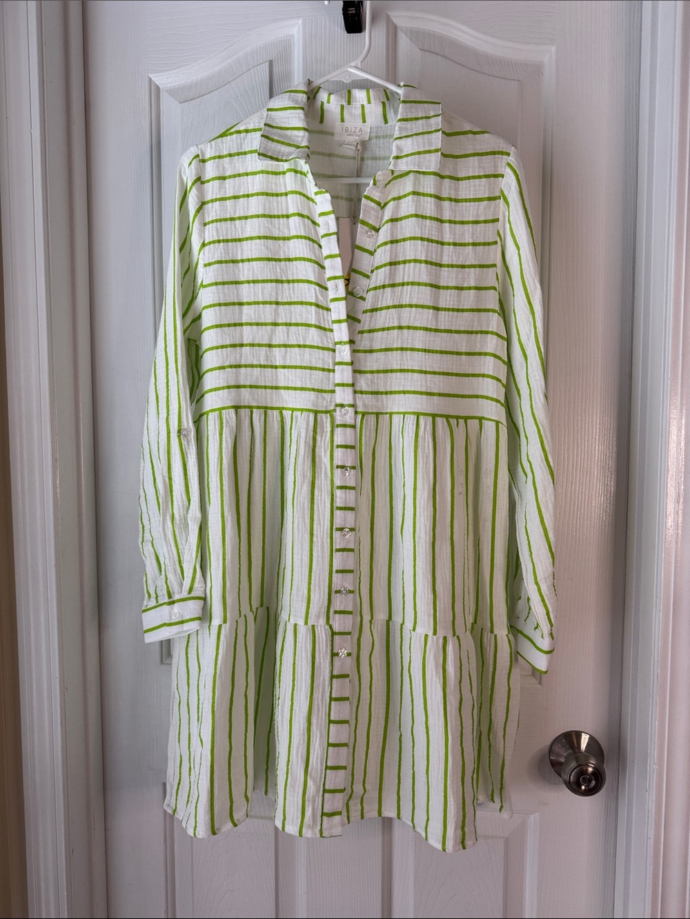 Striped Button-Front Tunic/Beach Coverup in White and Lime